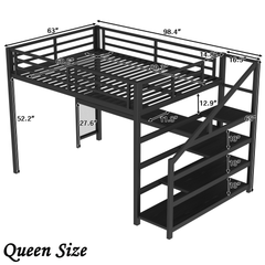 Bellemave® Queen Loft Bed with Desk, Storage Stairs & LED Lights - USB Ports, Iron Nets, Metal Frame | No-Spring Box, Noise-Free Design, Black