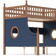 Wooden bunk bed with round porthole windows and upper bunk guardrails