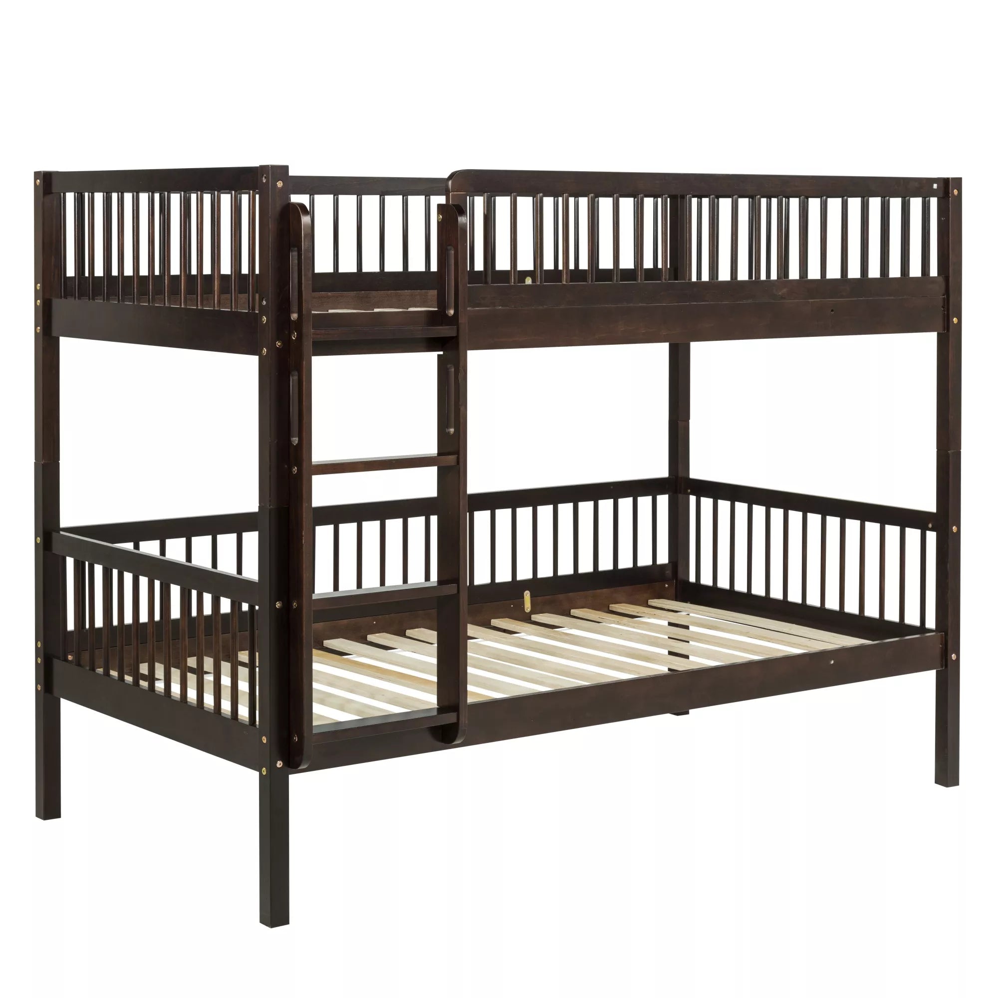 Angled view of a dark wood Twin over Twin bunk bed