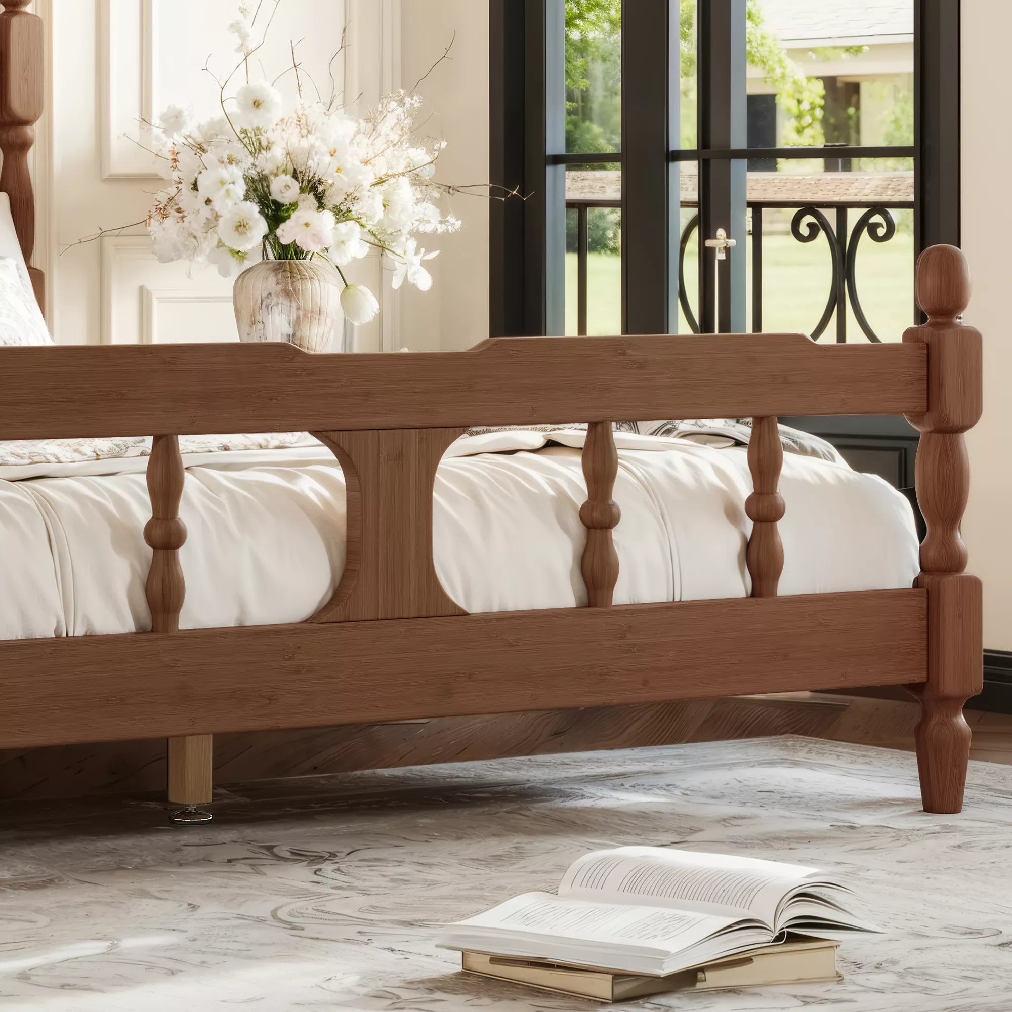 Solid bamboo bed frame with square cutout footboard design
