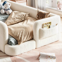 kids upholstered bed frame with bow headboard and storage pocket design