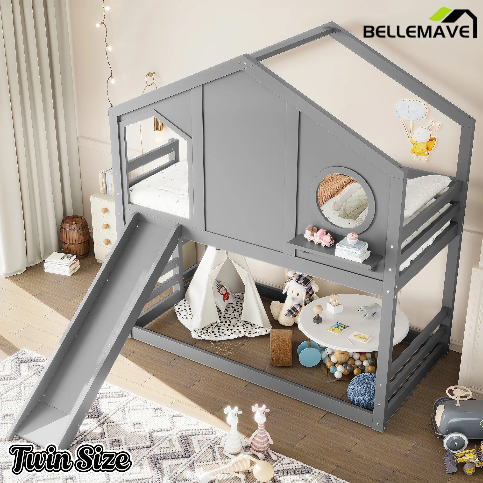 Bellemave® Twin Size House Bunk Bed with Slide and Storage Shelf, Twin Floor Bunk Beds Frame with Safety Guardrails for Kids Girls Boys, Grey Bellemave®