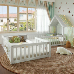 Bellemave® Double Floor Bed for Twins,Two Shared Beds,House Frame Twin Size Floor Bed with Guardrails and Door for 2 Kids,Girls,Boys,Grey