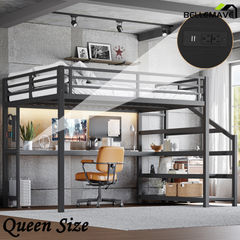 Bellemave® Queen Loft Bed with Desk, Storage Stairs & LED Lights - USB Ports, Iron Nets, Metal Frame | No-Spring Box, Noise-Free Design, Black