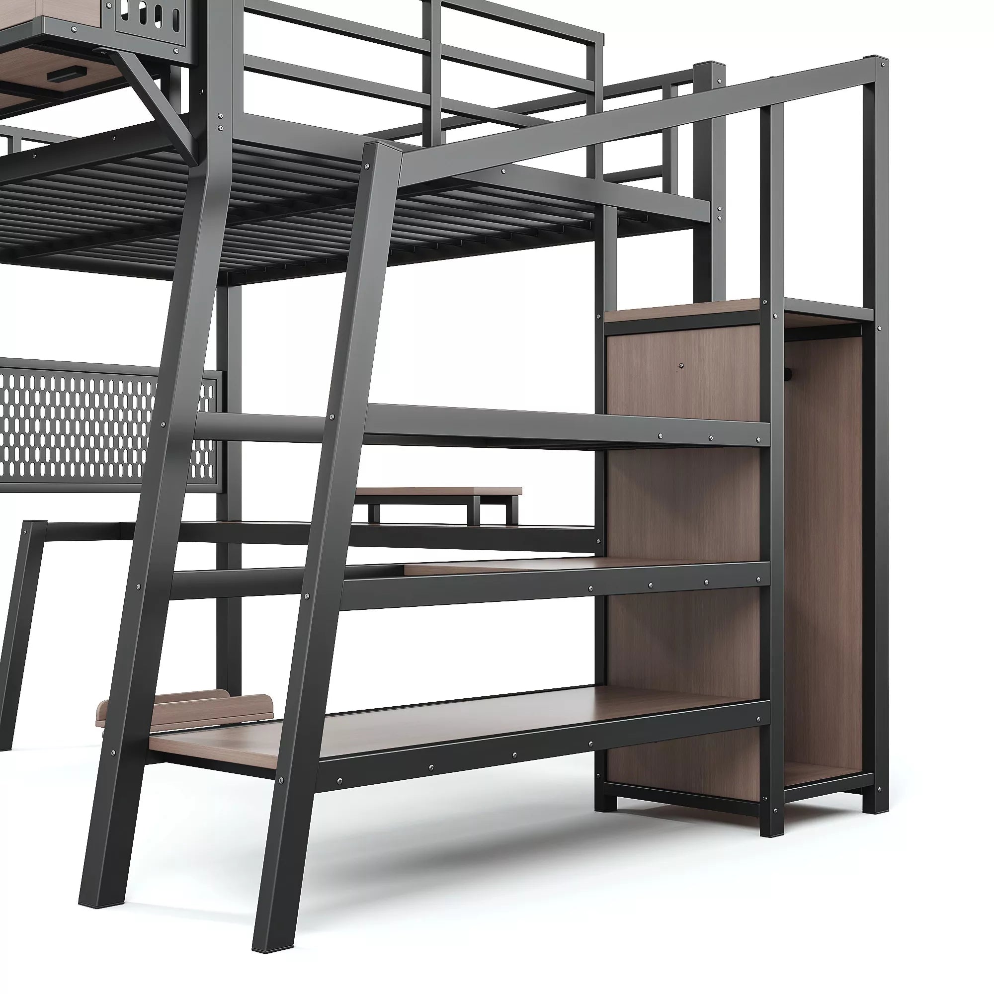 Bellemave® Metal Loft Bed with Storage Stairs, USB Ports, LED Lights, Pegboard & Built-in Wardrobe, Noise-Reduced Design, Black Bellemave®