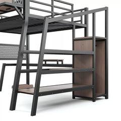 Bellemave® Metal Loft Bed with Storage Stairs, USB Ports, LED Lights, Pegboard & Built-in Wardrobe, Noise-Reduced Design, Black Bellemave®