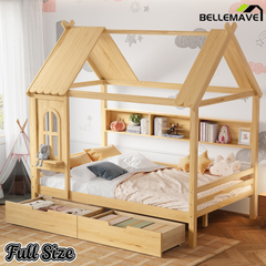 Bellemave® Twin House Bed with Drawers and Window, Solid Wood House Platform Bed with Shelves, Twin Bed Frame with House-shaped Roof for Kids, Boys, Girls, No Box Spring Needed and Childlike Design, Natural Bellemave®