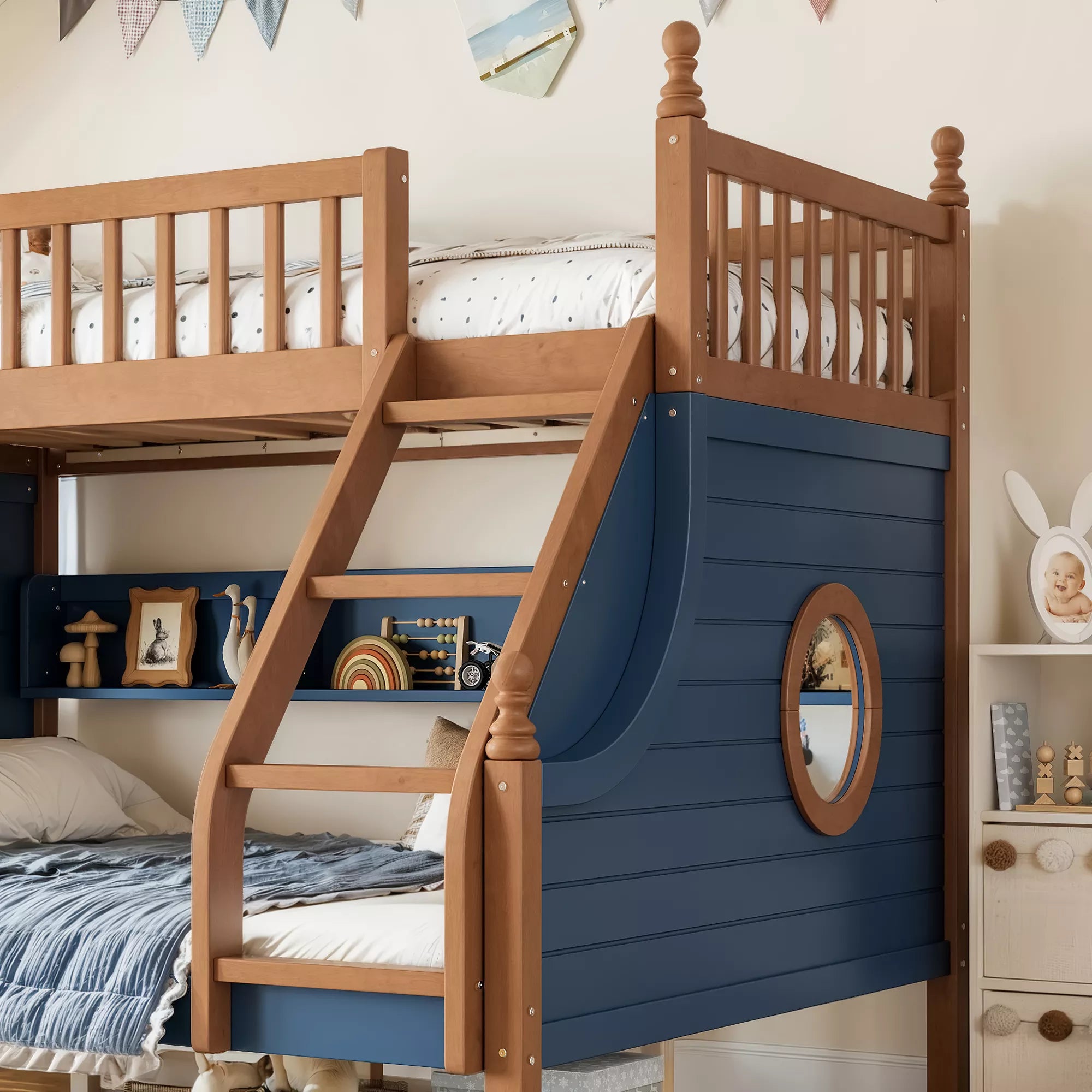 Wooden bunk bed with staircase and built-in shelves in a kids bedroom