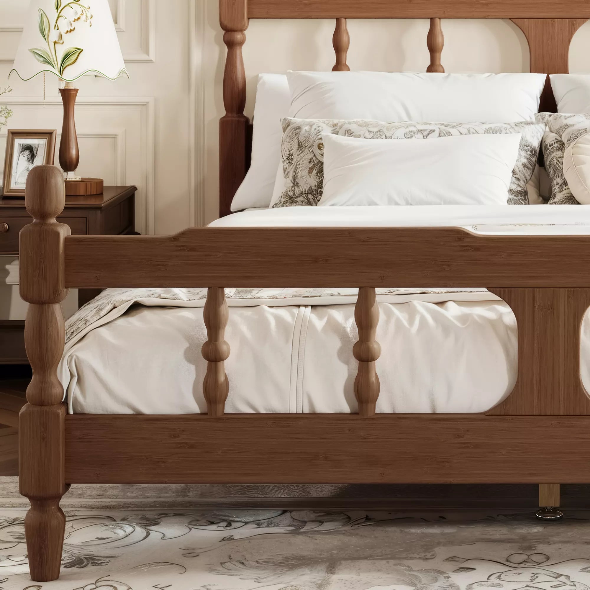 Bamboo platform bed frame with support slats and square posts