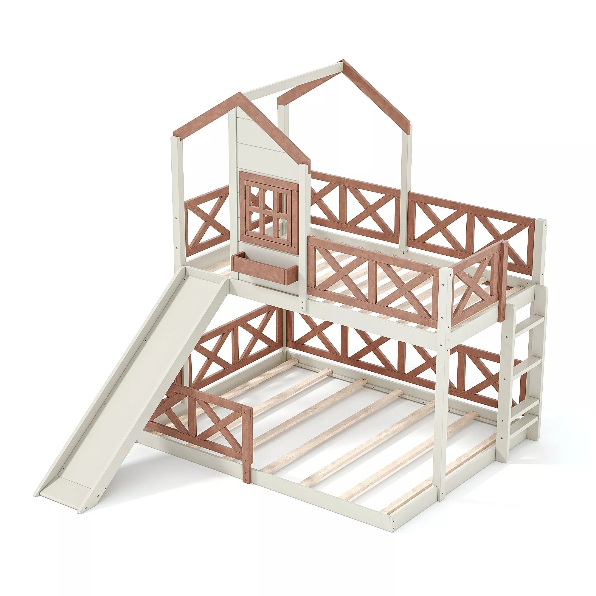 Bellemave® Bunk Bed Twin Over Full with Rail & Slide, House Bed for Kids, Floor Bunk bed with Fence Bellemave®