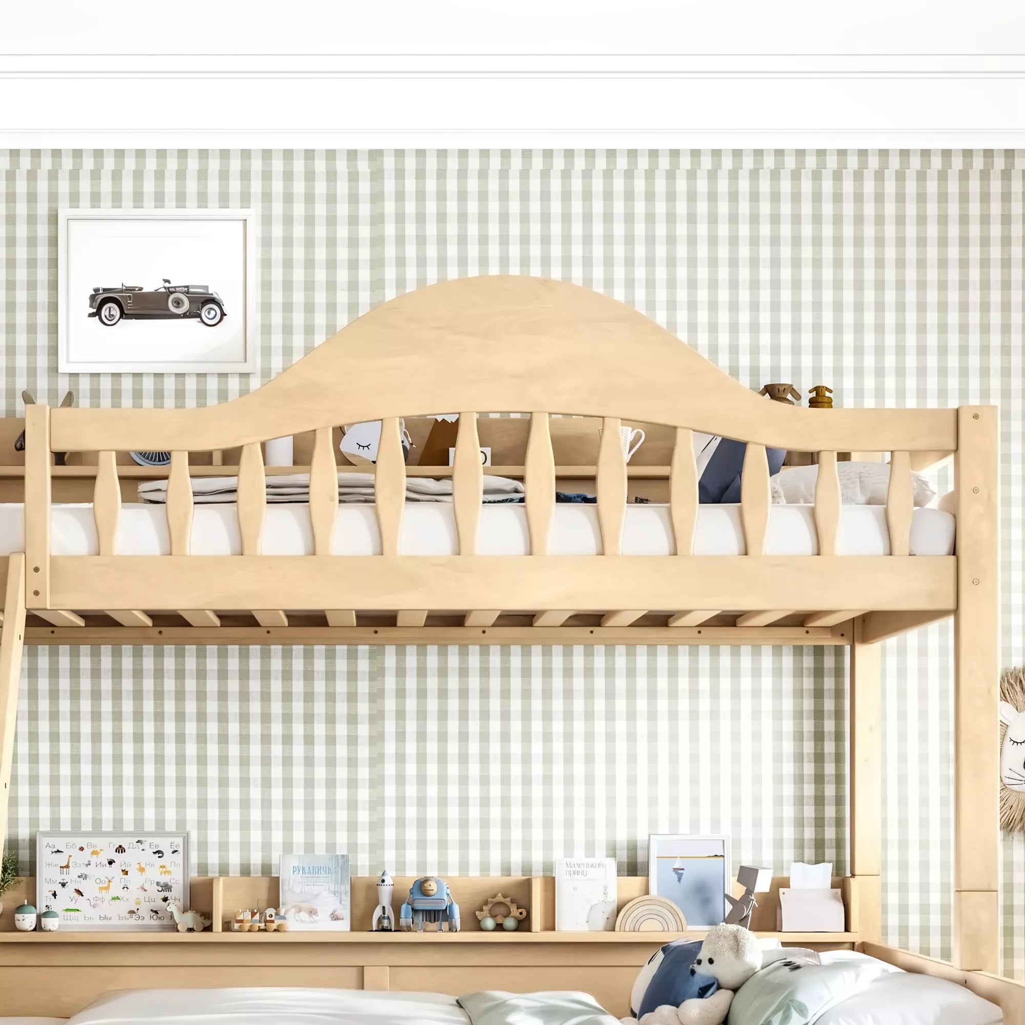 Curved arched guardrail bunk bed with built‑in side storage shelves for kids