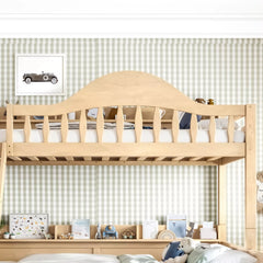 Curved arched guardrail bunk bed with built‑in side storage shelves for kids