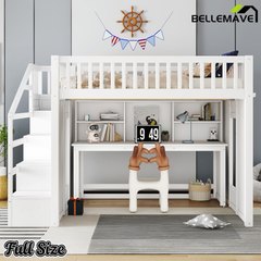 Bellemave® Full Size Low Loft Bed with Movable Desk & Storage Shelves, Kids Full Loft Bed Frame with Storage Stairs & Hanger, Espresso