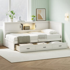 Bellemave® L-Shaped Daybed with Drawer and and Bookcase,LED Downlight and USB Port