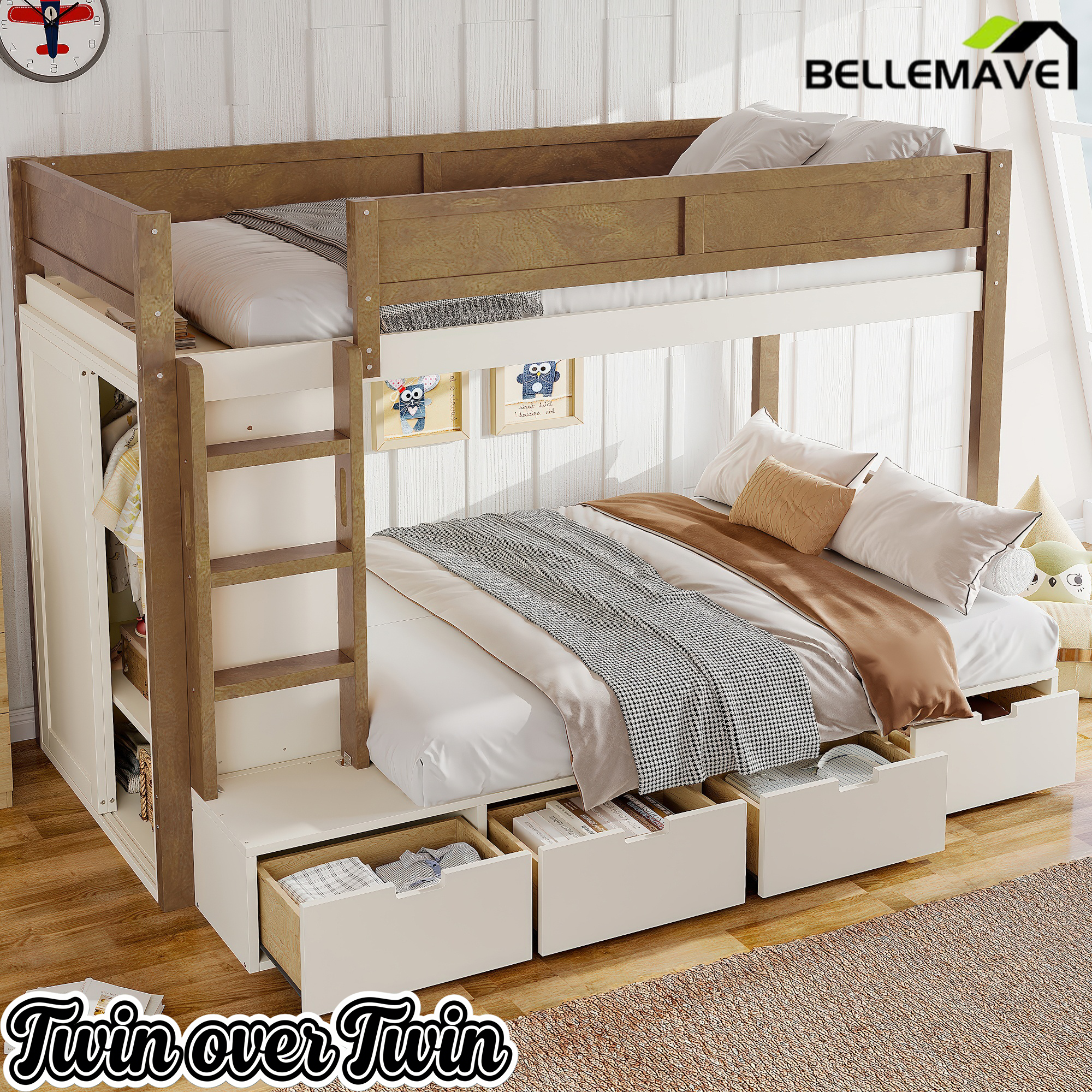 Bellemave® Twin Over Twin Bunk Bed with Storage Drawers,Solid Wood Bunk Bed with Built-in Wardrobe,Storage Shelf and Safety Guardrails for Kids Girls Boys,Beige & Natural Bellemave®