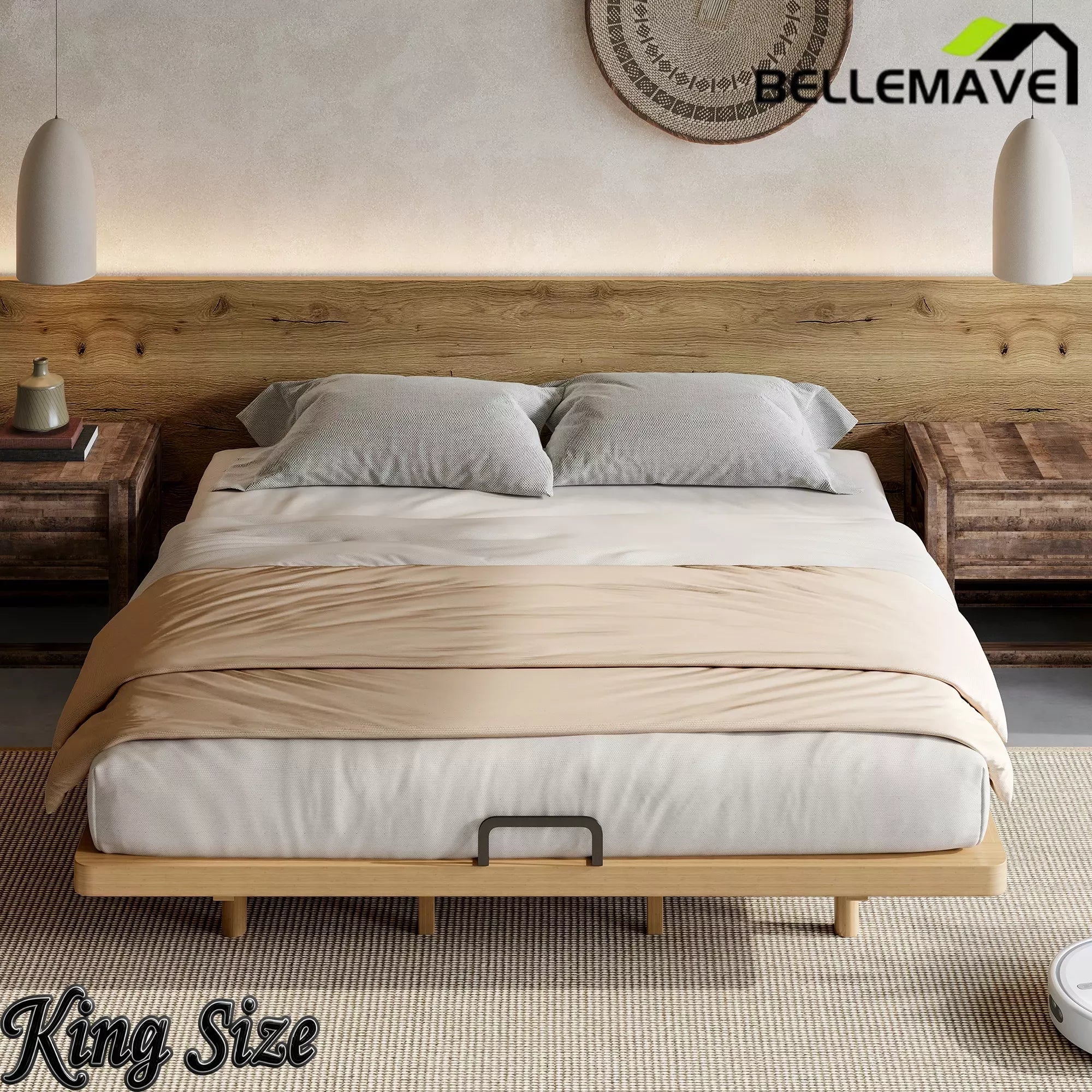 Bellemave® King Size Platform Bed for Bedroom, Solid Bamboo-made Floating Bed Frame with Support Slats, Guest Rooms, Dorms, Natural Bellemave®