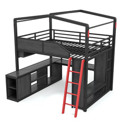 Metal Loft Bed with USB Ports and Storage Shelf
