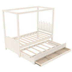 Bellemave® Twin Size Wood Canopy Bed with Upholstered Headboard,Princess Canopy Bed Frame Twin with Trundle and 3 Drawers,Twin Bed Canopy for Kids,Storage,Beige