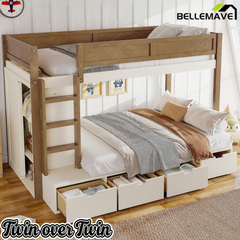Bellemave® Twin Over Twin Bunk Bed with Storage Drawers,Solid Wood Bunk Bed with Built-in Wardrobe,Storage Shelf and Safety Guardrails for Kids Girls Boys,Beige & Natural Bellemave®