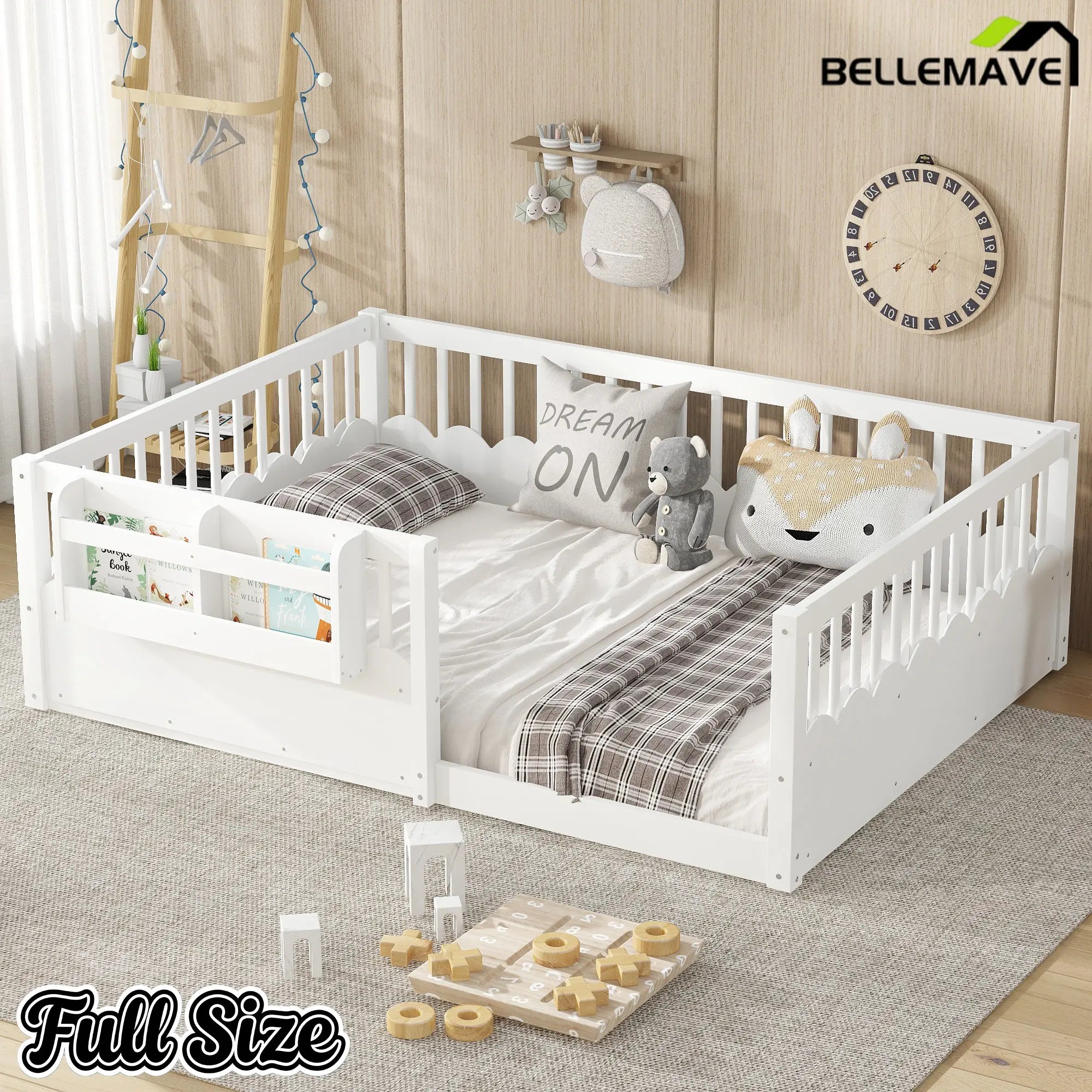Bellemave® Queen Size Floor Bed for Kids with Heightened Safety Fence & Bookshelf, Low Profile Wood Platform Bed Frame with Storage, White Bellemave®