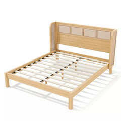 queen platform bed with woven rattan headboard design