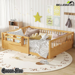 Bellemave® Queen Size Floor Bed for Kids with Heightened Safety Fence & Bookshelf, Low Profile Wood Platform Bed Frame with Storage, White Bellemave®