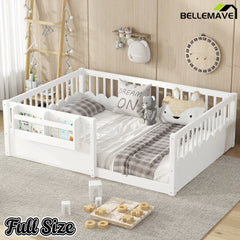 Bellemave® Queen Size Floor Bed for Kids with Heightened Safety Fence & Bookshelf, Low Profile Wood Platform Bed Frame with Storage, White Bellemave®