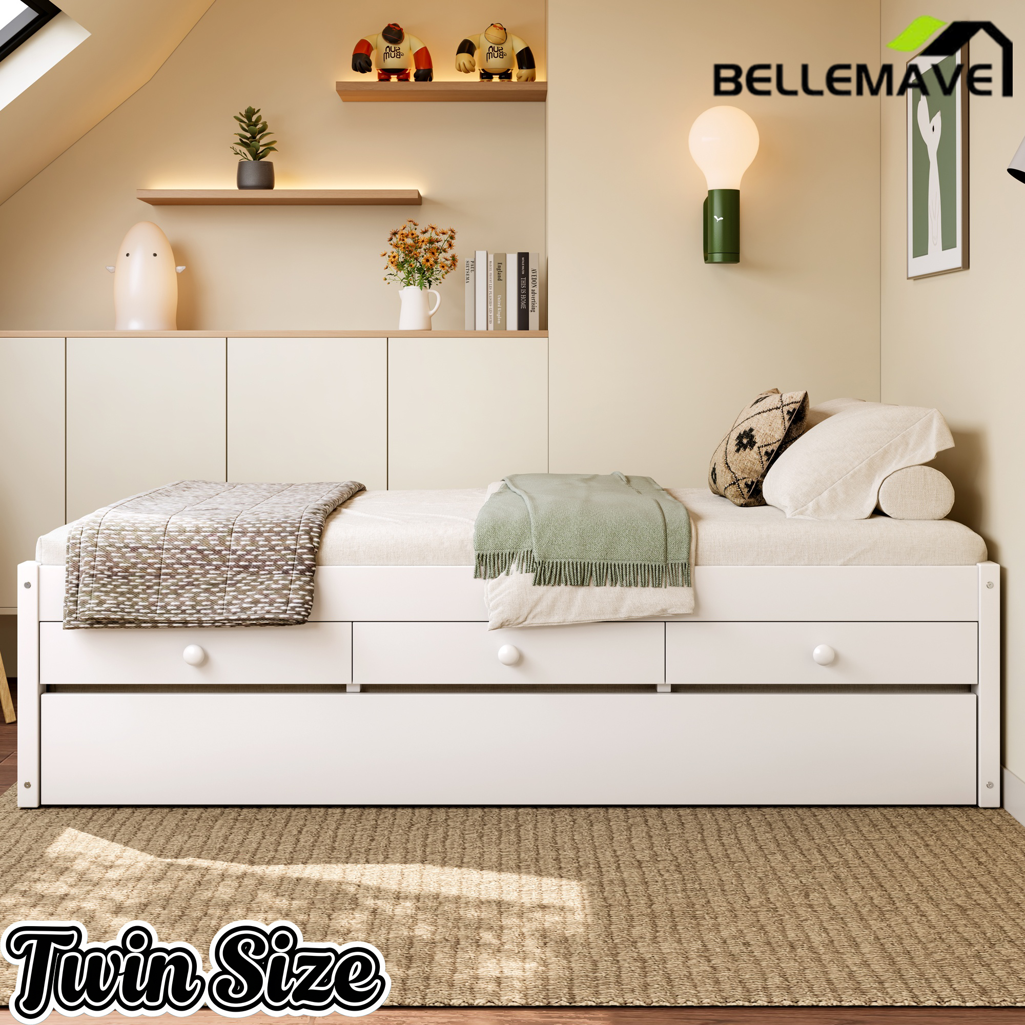 Bellemave® Twin Size Platform Bed with Trundle & 2 Drawers, Solid Wood Bed Frame with Built-in Power Strip, Low Profile No Box Spring Needed, White Bellemave®