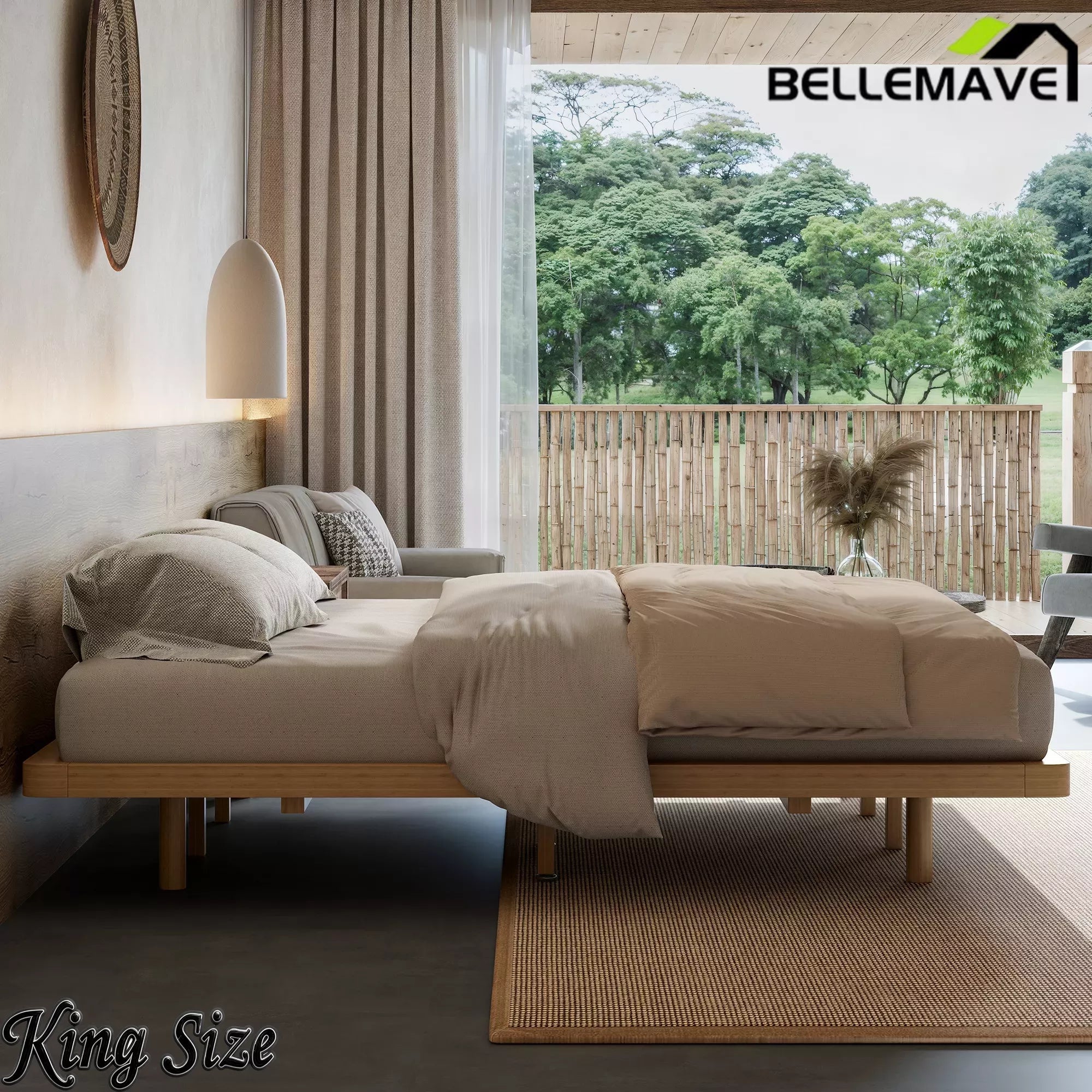 Bellemave® King Size Platform Bed for Bedroom, Solid Bamboo-made Floating Bed Frame with Support Slats, Guest Rooms, Dorms, Natural Bellemave®
