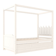 Bellemave® Twin Size Wood Canopy Bed with Upholstered Headboard,Princess Canopy Bed Frame Twin with Trundle and 3 Drawers,Twin Bed Canopy for Kids,Storage,Beige
