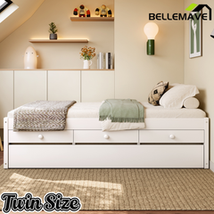 Bellemave® Twin Size Platform Bed with Trundle & 2 Drawers, Solid Wood Bed Frame with Built-in Power Strip, Low Profile No Box Spring Needed, White Bellemave®