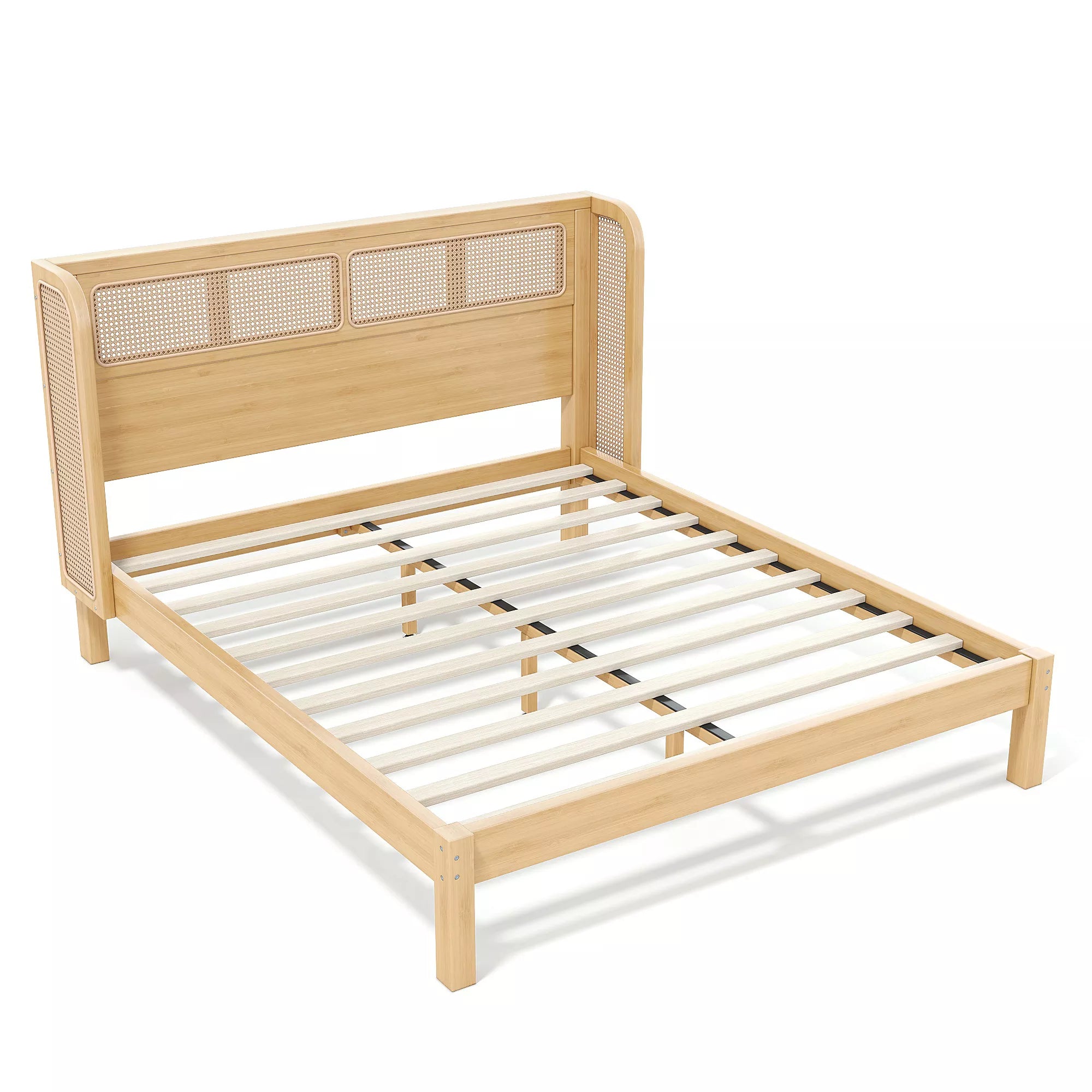 queen bamboo platform bed with rattan woven headboard