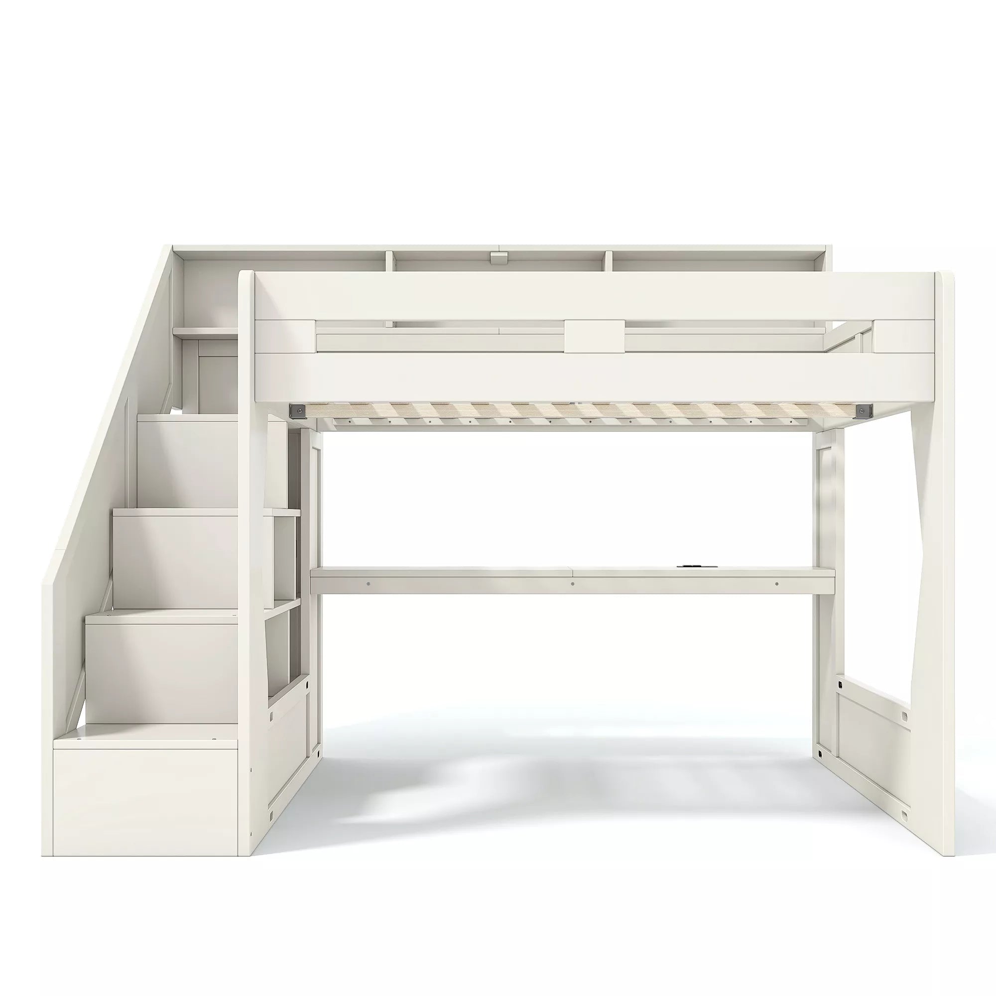 white elevated loft bed frame with storage stairs