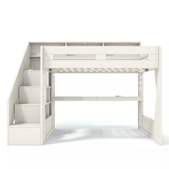 white elevated loft bed frame with storage stairs