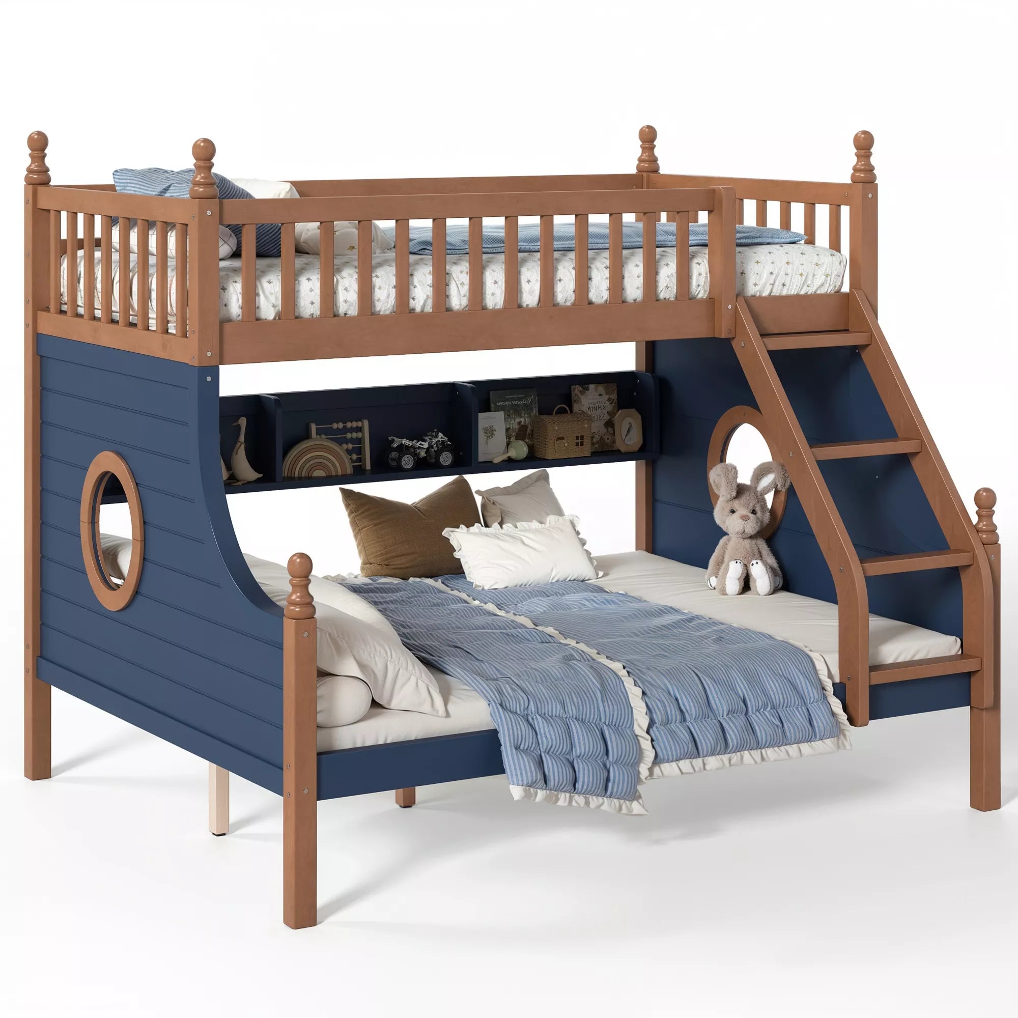 Front view of a wooden bunk bed with staircase and open space between bunks