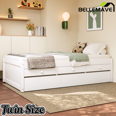 Bellemave® Twin Size Platform Bed with Trundle & 2 Drawers, Solid Wood Bed Frame with Built-in Power Strip, Low Profile No Box Spring Needed, White Bellemave®