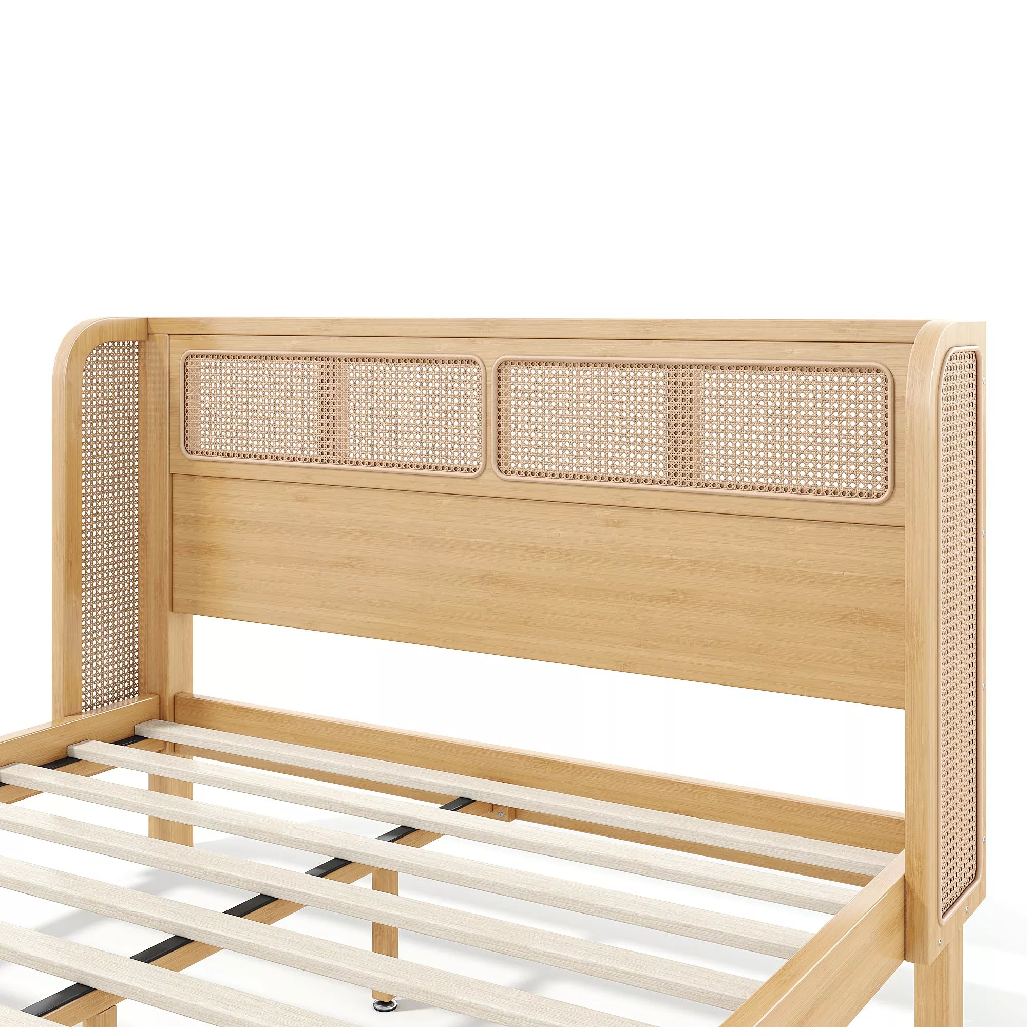 rattan woven headboard detail on bamboo bed frame