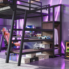 Bellemave® Metal Loft Bed with Storage Stairs, USB Ports, LED Lights, Pegboard & Built-in Wardrobe, Noise-Reduced Design, Black Bellemave®