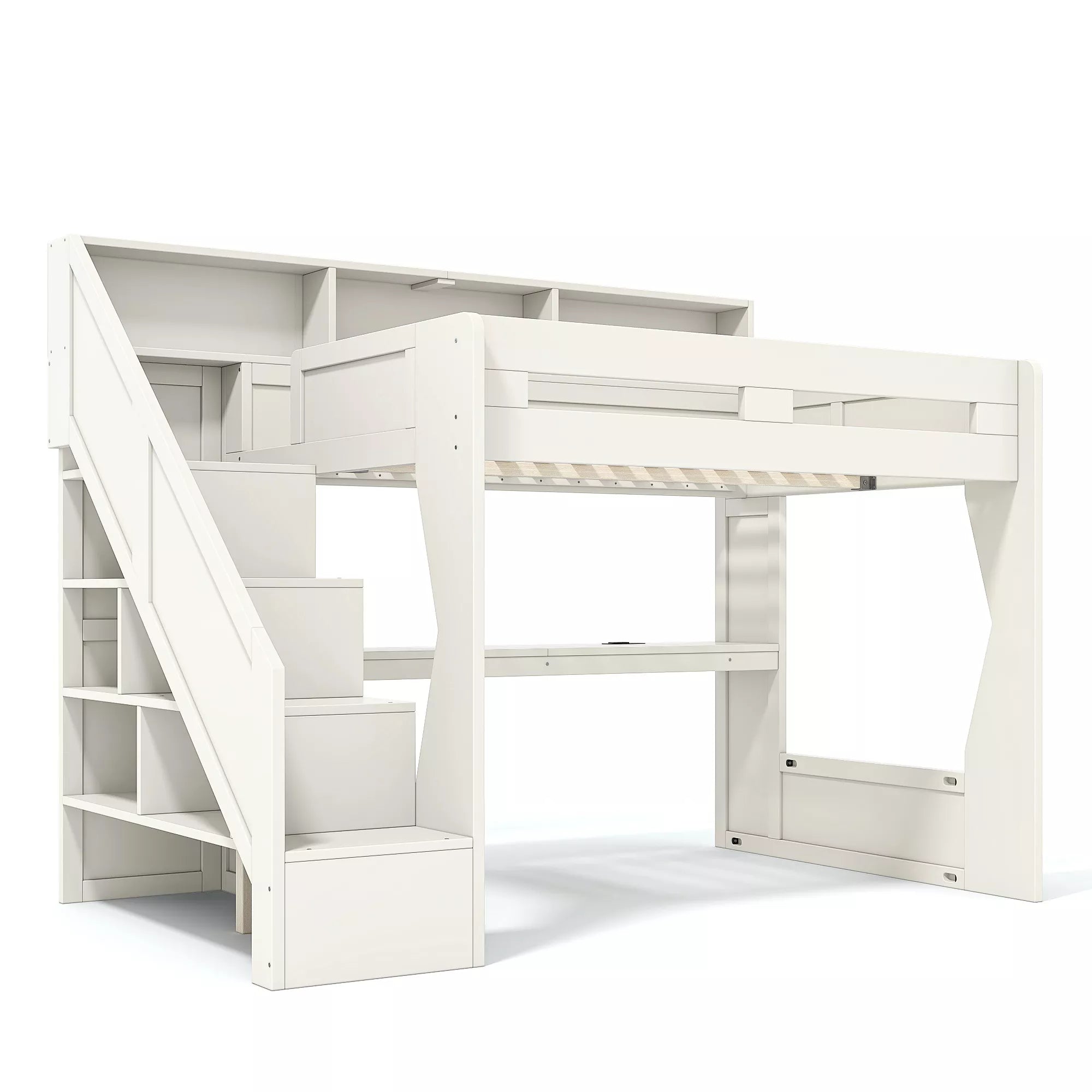 loft bed with built-in storage staircase and shelves
