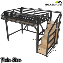 Bellemave® Metal Full Size Loft Bed with Stairs and Wardrobe,Heavy Duty Loft Bed Frame with LED Lights and Charging Station, Black Woodgrain Bellemave®