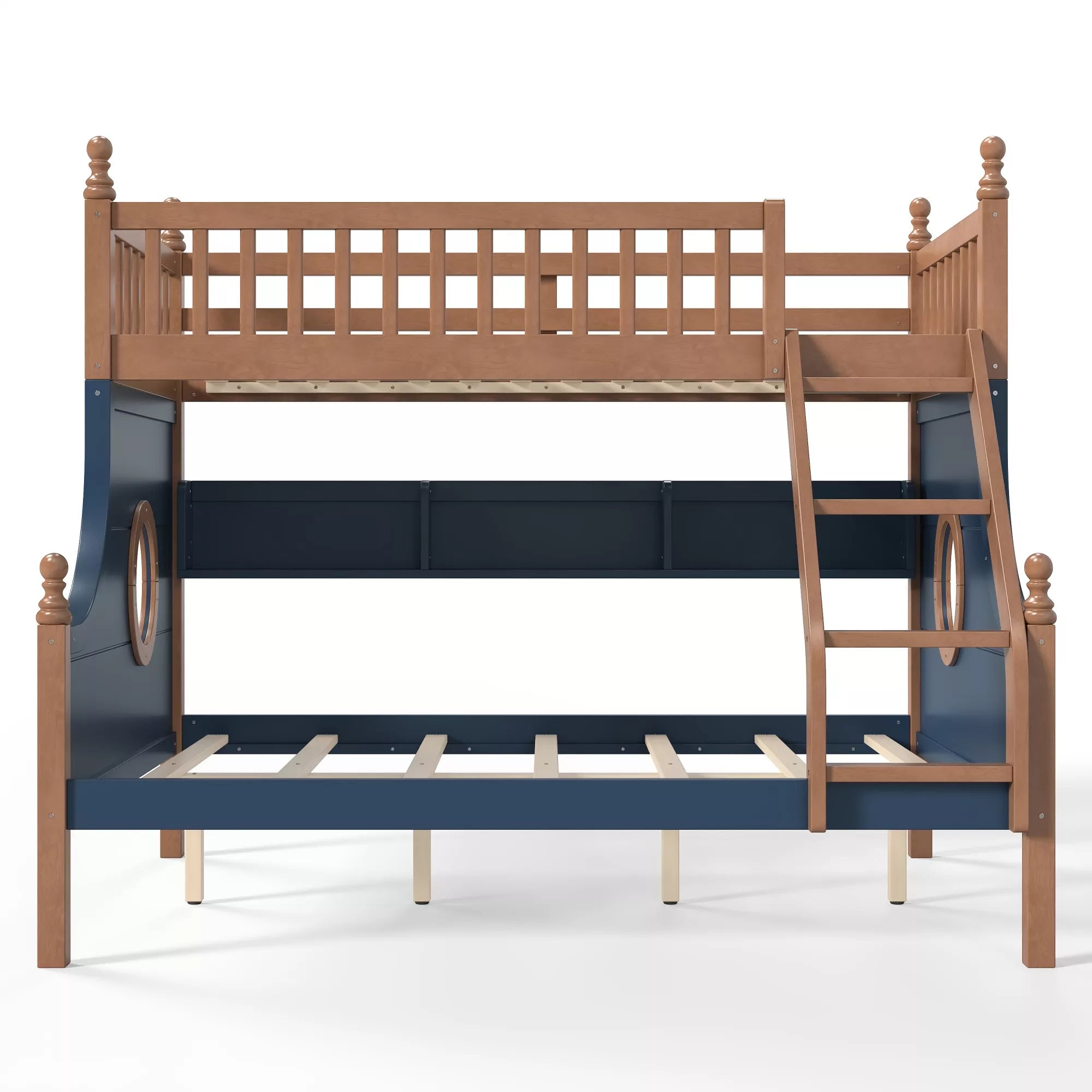 Wooden bunk bed with upper guardrails, front ladder, and wooden slat supports
