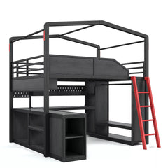 Gaming Loft Bed with Desk and Closet Storage Front Angle View