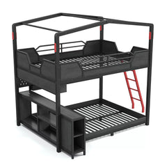 Black house shaped metal bunk bed with storage shelves, ladder and guardrails