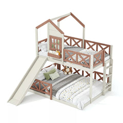 Bellemave® Bunk Bed Twin Over Full with Rail & Slide, House Bed for Kids, Floor Bunk bed with Fence Bellemave®