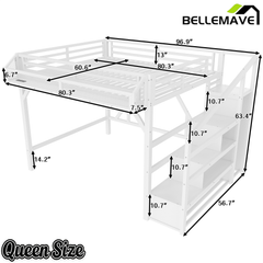 Bellemave® Metal Full Size Loft Bed with Stairs and Wardrobe,Heavy Duty Loft Bed Frame with LED Lights and Charging Station, Black Woodgrain Bellemave®