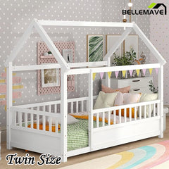 Bellemave® House Floor Bed with House Roof and Fence Guardrails