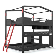 Gaming bunk bed with desk, storage shelves and angled ladder in black metal frame