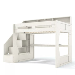 loft bed with open shelves and workstation