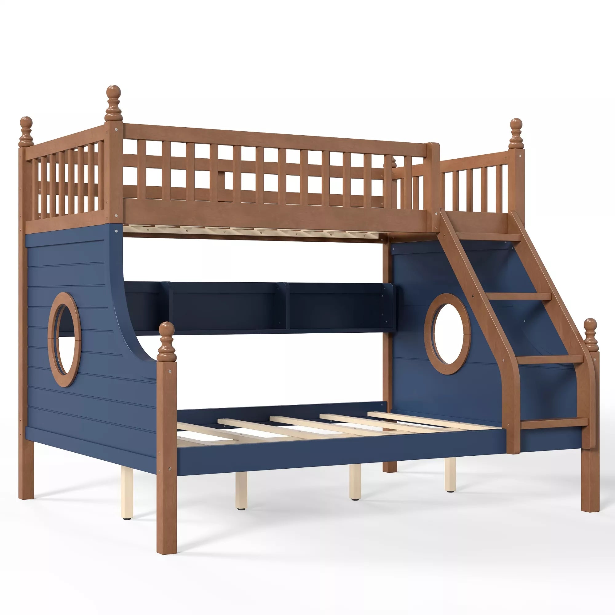 Wooden bunk bed with staircase, round porthole windows, and navy side panels