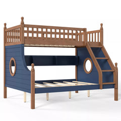 Wooden bunk bed with staircase, round porthole windows, and navy side panels